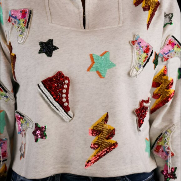 NWT Queen Of Sparkles Grey Sneaker And Lightning Bolt Collar Sweatshirt - Picture 4 of 6